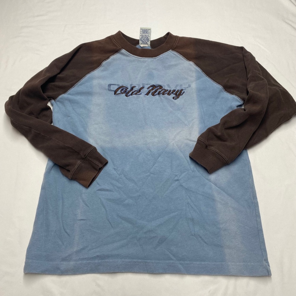 Vintage Old Navy Raglan Long Sleeve Shirt Blue Brown Embroidered Logo Large